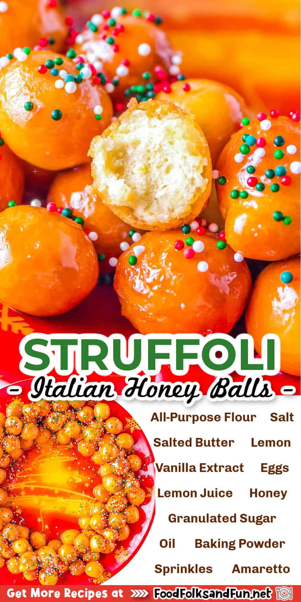 Homemade Struffoli, or Italian Honey Balls, is a classic Italian Christmas dessert made of little fried dough covered in honey and then topped with sprinkles. via @foodfolksandfun