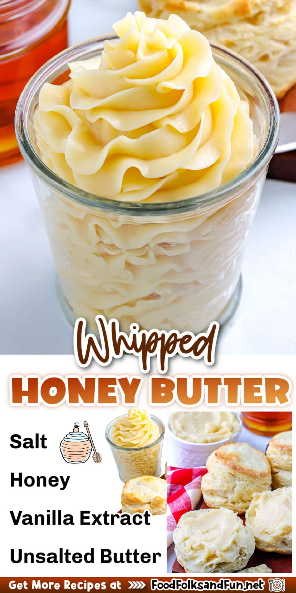 Amazingly quick and easy to prepare, this Whipped Honey Butter recipe is made in just 5 minutes. It’s perfect for topping biscuits, muffins, and homemade bread. via @foodfolksandfun