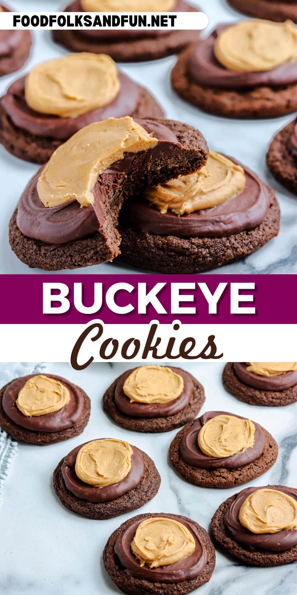 Buckeye Cookies are a fun twist on the classic Buckeye candy. These cookies are ideal whenever you have a chocolate and peanut butter craving! via @foodfolksandfun