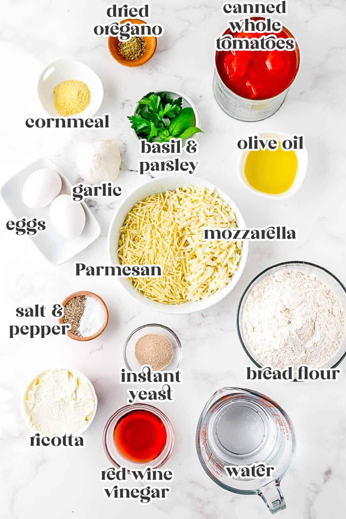 An overhead picture of the ingredients needed to make thuis recipe and each one has text overlay labeling it. 