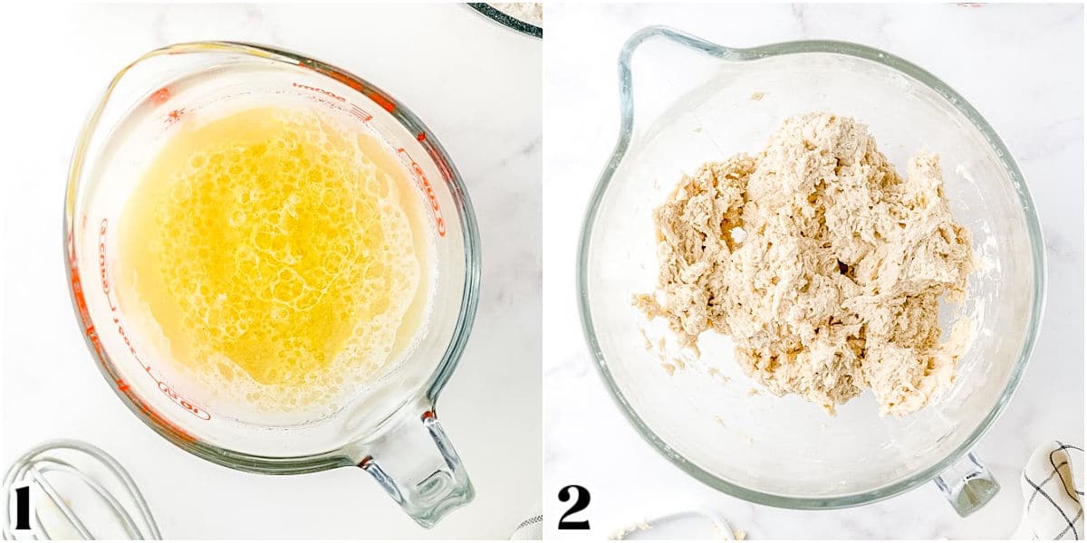 A picture collage of the disolved yeast in a measuring cup and the dough roughly mixed.