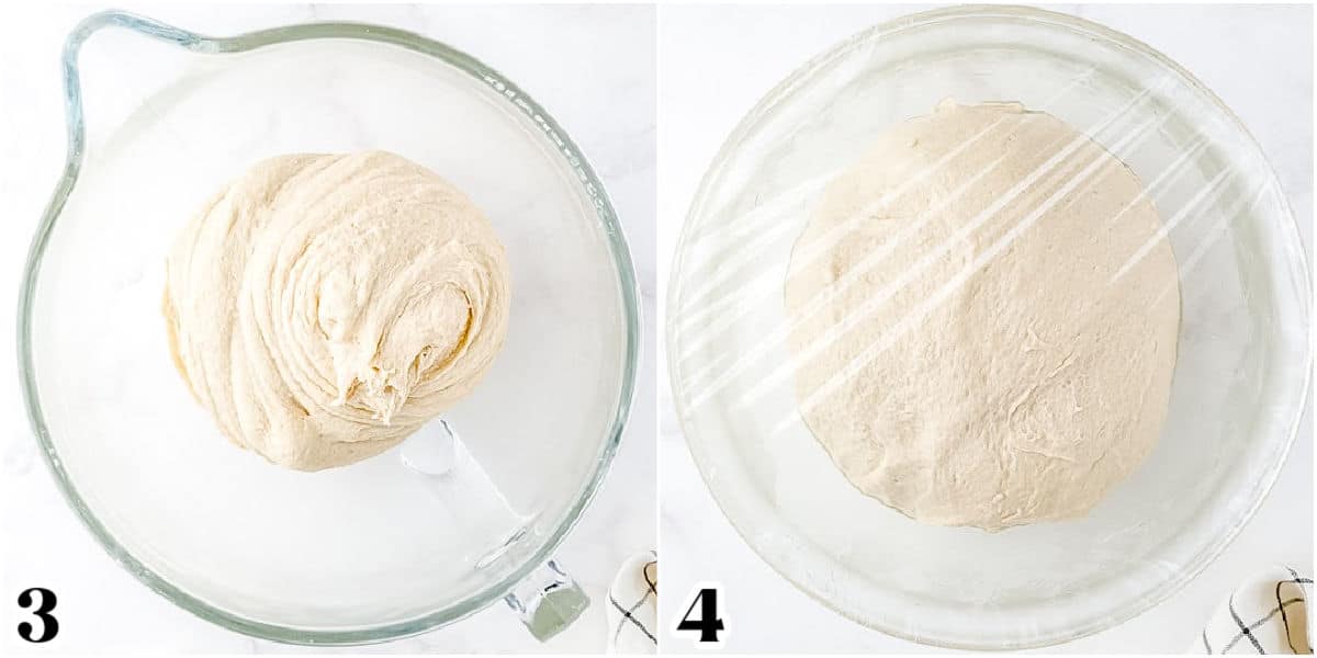 The kneaded dough in a large bowl with plastic wrap covering it.