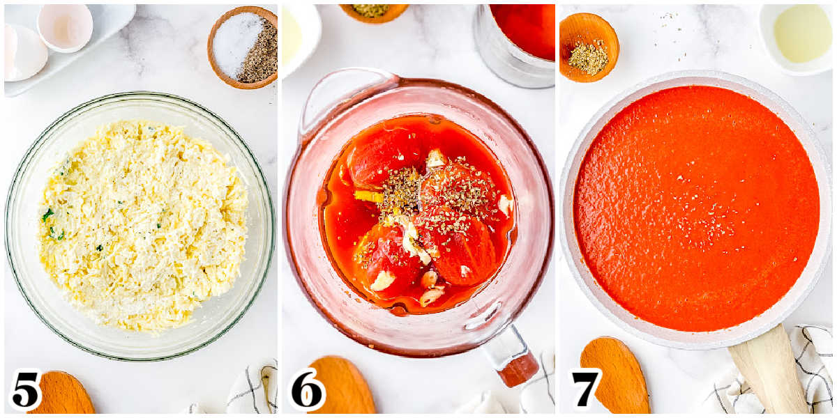 A picture collage of the filling and the tomato sauce blended and cooked.