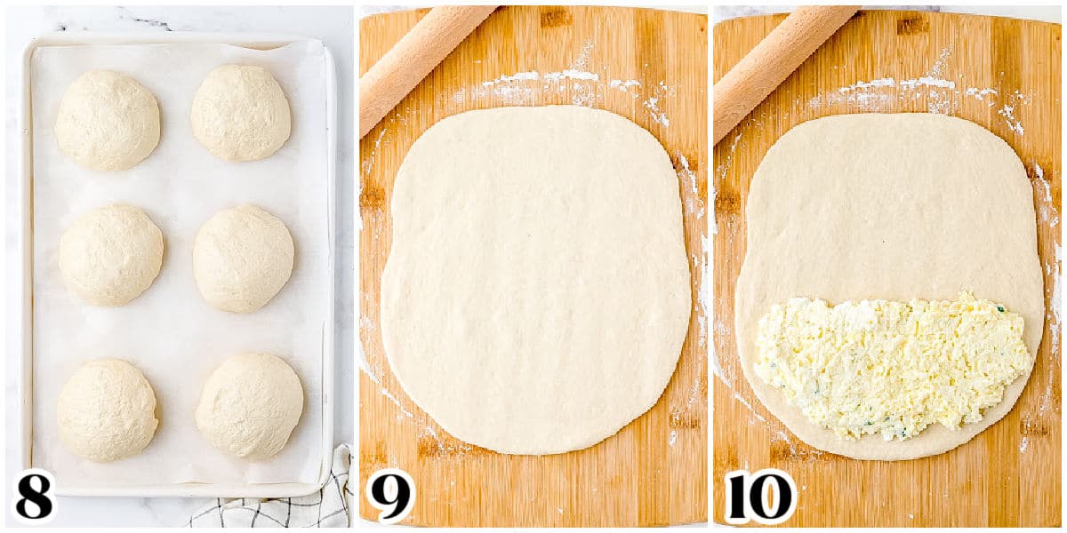 A picture collage of the dough split into six pieces, the dough rolled out to a 9-inch circle, and the filling added to half of the dough.