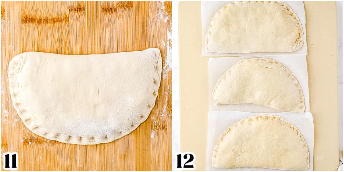 A picture collage of the calzone sealed shut and on parchment paper.