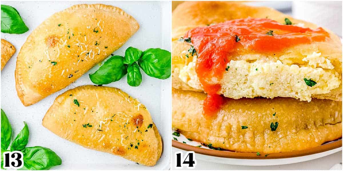 The finished chese calone recipe on a plate, cut in half so you can see the filling, and covered in tomatoe sauce.