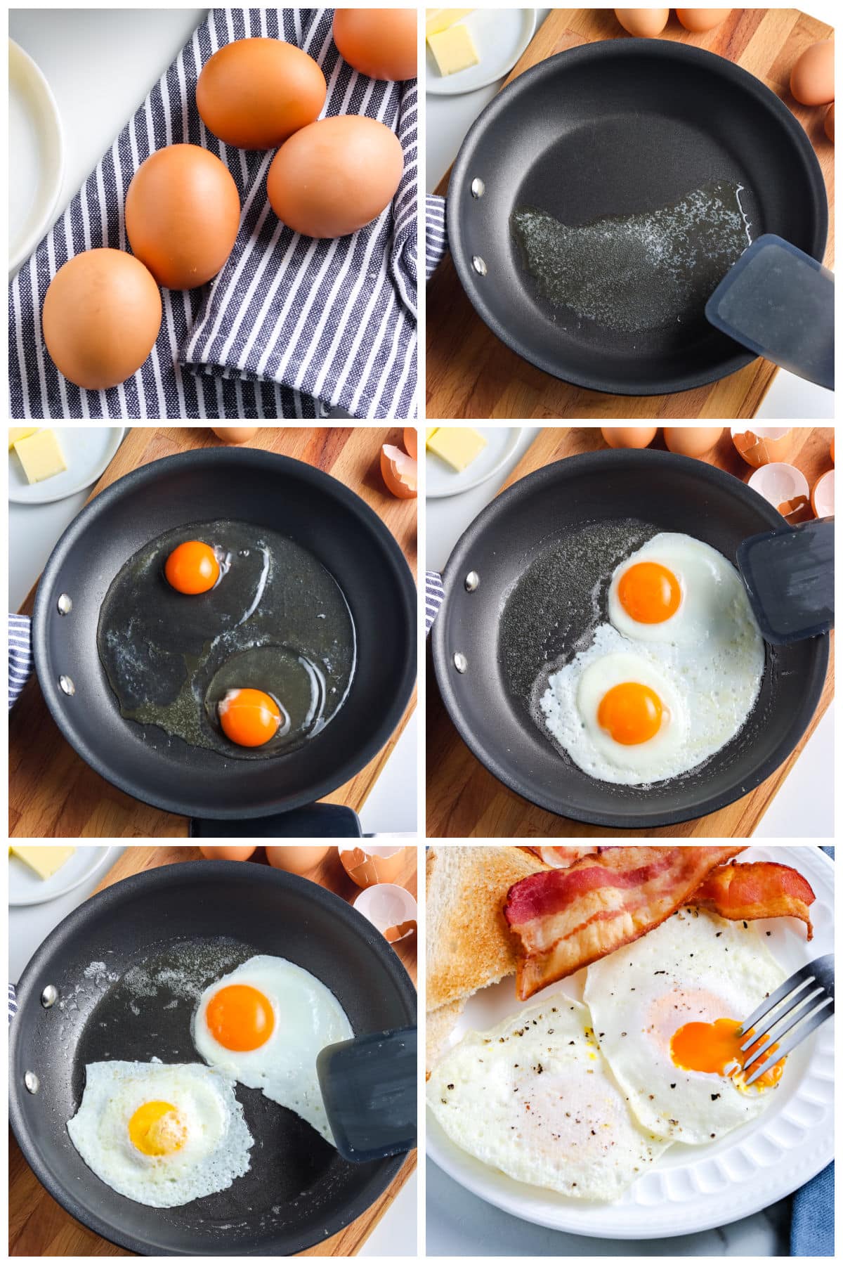 A picture collage showing How To Make Eggs Over Easy.