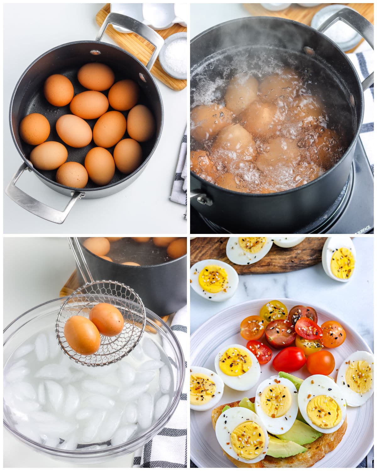 A picture collage showing How To Make Hard Boiled Eggs.