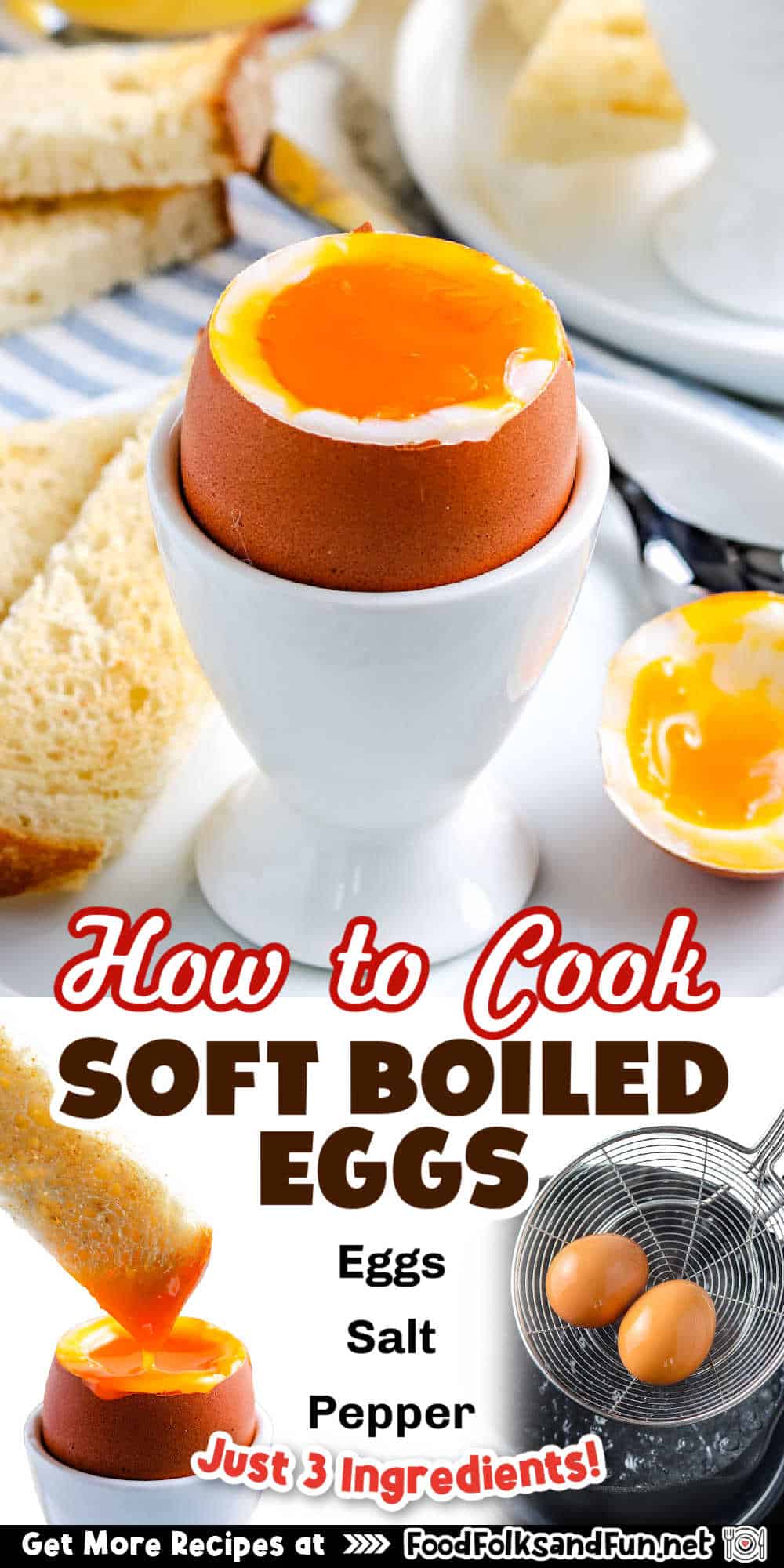 Making soft-boiled eggs is simple. All you need is eggs, salt, water, and ice. This tutorial for How To Make Soft Boiled Eggs is a foolproof method that yields perfect results every time. via @foodfolksandfun