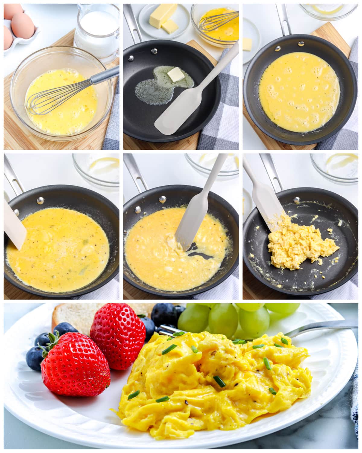 A picture collage showing how to make scrambled eggs.