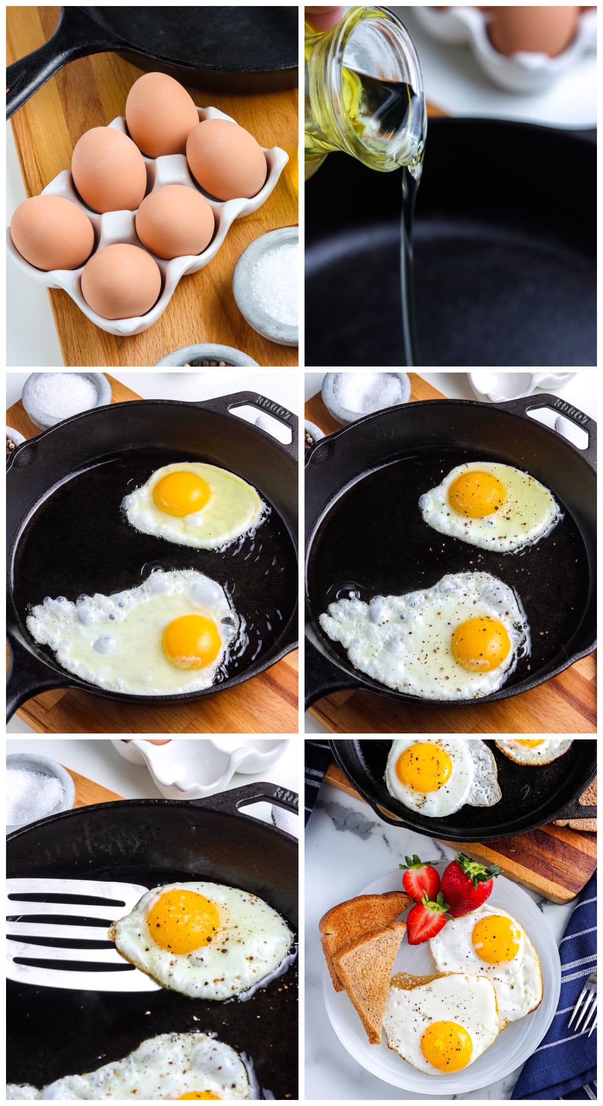 A picture collage showing how to Make A Fried Egg