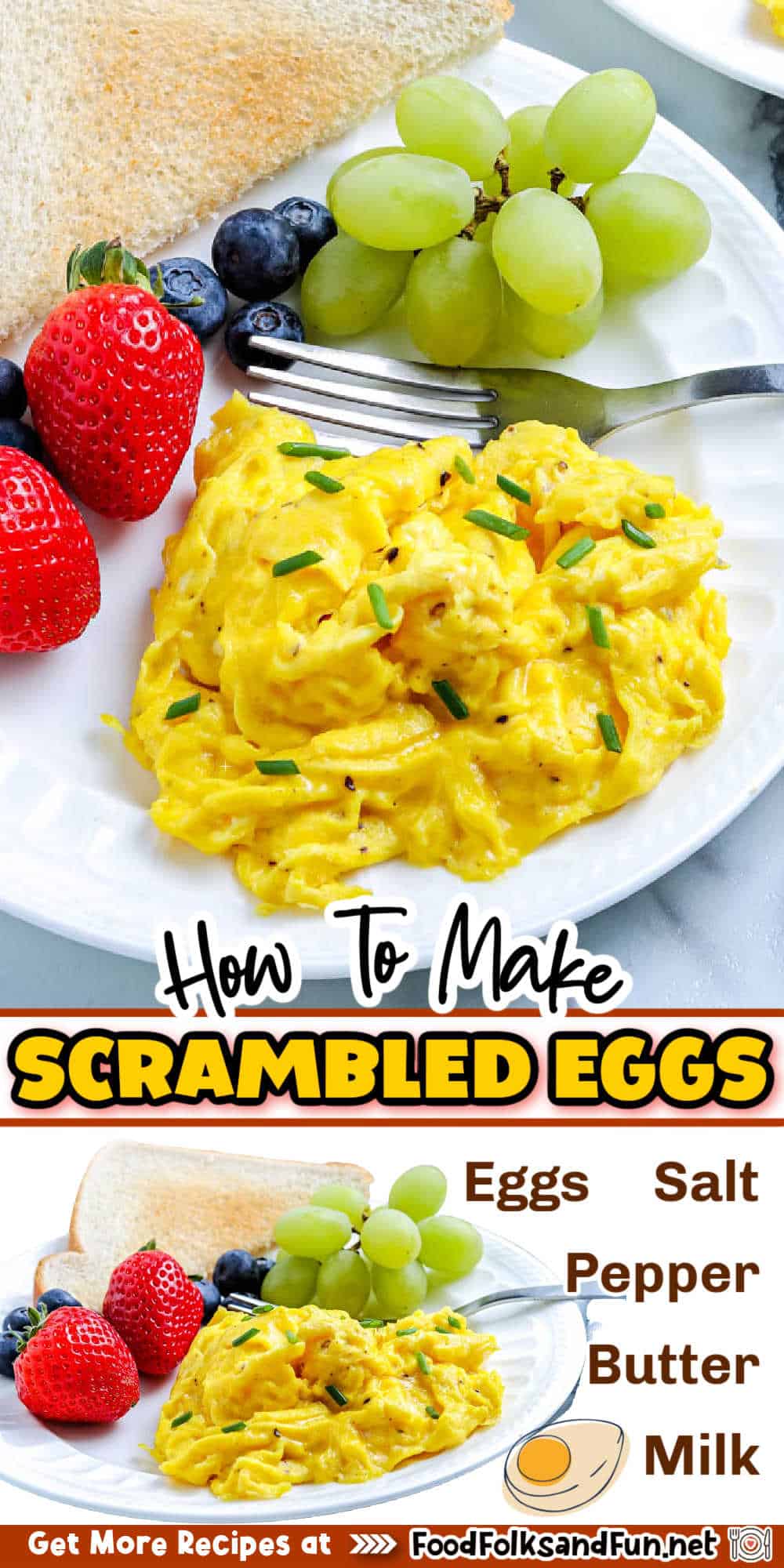 Making scrambled eggs is simple. Making this soft and fluffy breakfast staple takes just a few minutes and five simple ingredients: eggs, salt, pepper, milk, and butter.  via @foodfolksandfun