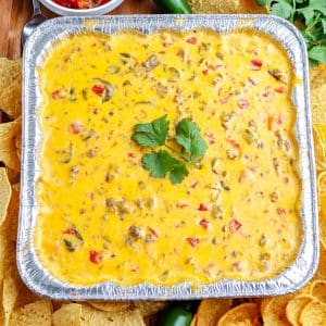 A close up overhead picture of the finished Smoked Queso Dip.
