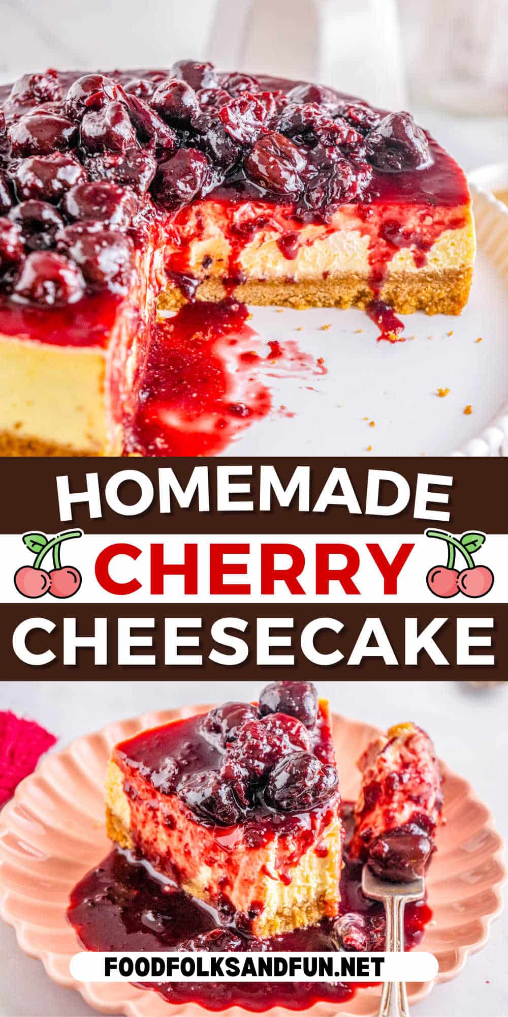 This Homemade Cherry Cheesecake is velvety smooth, creamy, and rich. It has a buttery crust and is topped with a sweet yet tart cherry sauce.  via @foodfolksandfun