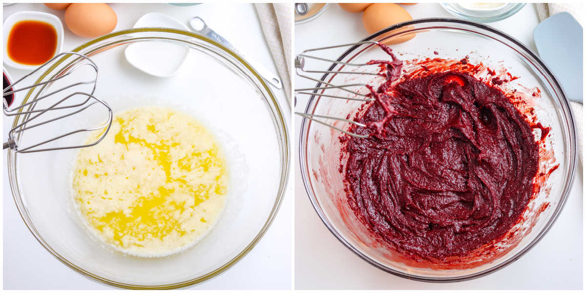 Melted butter mixture in a glass bowl beside a second bowl filled with thick red velvet brownie batter being mixed with a hand mixer.