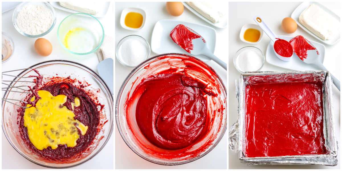 Three step collage showing eggs being whisked into red velvet batter, the smooth finished batter in a bowl, and the red batter spread evenly in a foil lined baking pan.