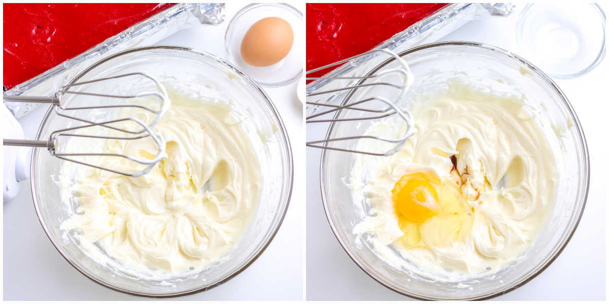 Cream cheese beaten until smooth next to an image of an egg and vanilla added to complete the cream cheese swirl mixture.