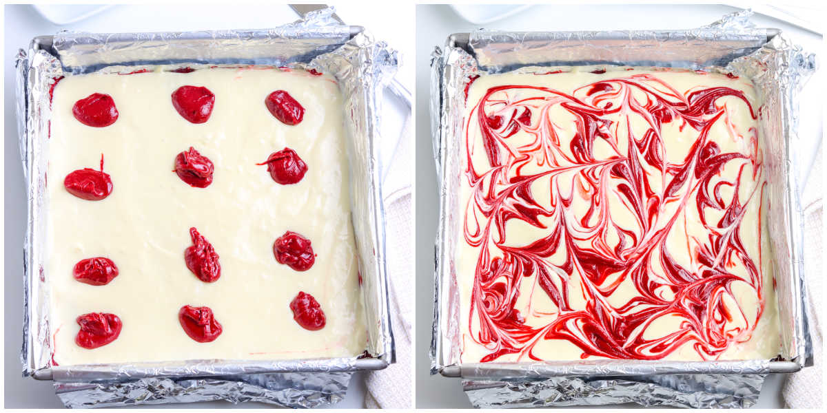 Cream cheese layer topped with spoonfuls of red velvet batter followed by a fully marbled red and white swirl design ready for baking.