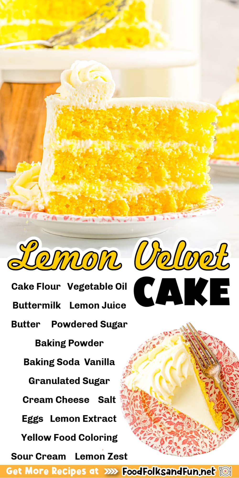 Lemon Velvet Cake has moist, bouncy, soft layers of lemon cake bursting with zesty flavor. It's frosted with rich and creamy lemon buttercream. via @foodfolksandfun