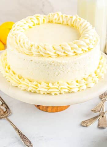 The finished Lemon Velvet Cake on a cake stand.