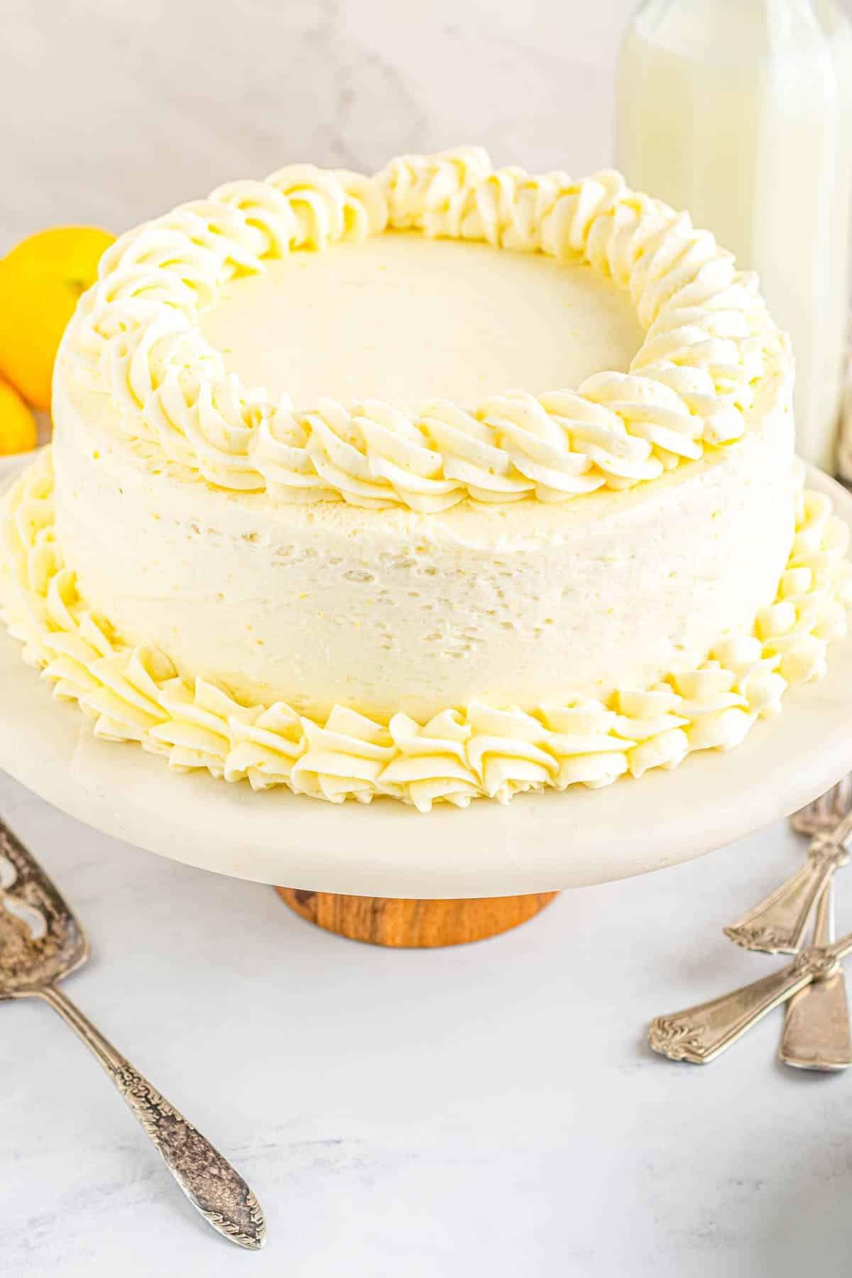 The finished Lemon Velvet Cake on a cake stand.