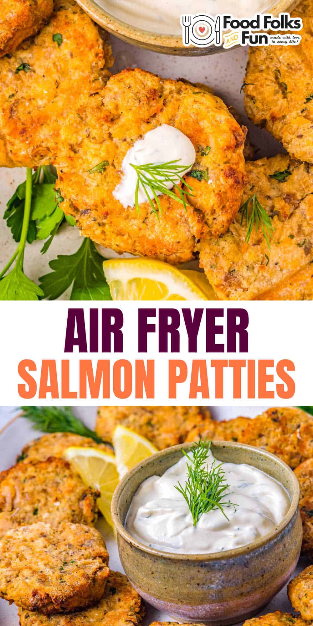 These Air Fryer Salmon Patties are soft on the inside and crispy on the outside. Pair them with this homemade creamy dill sauce. via @foodfolksandfun