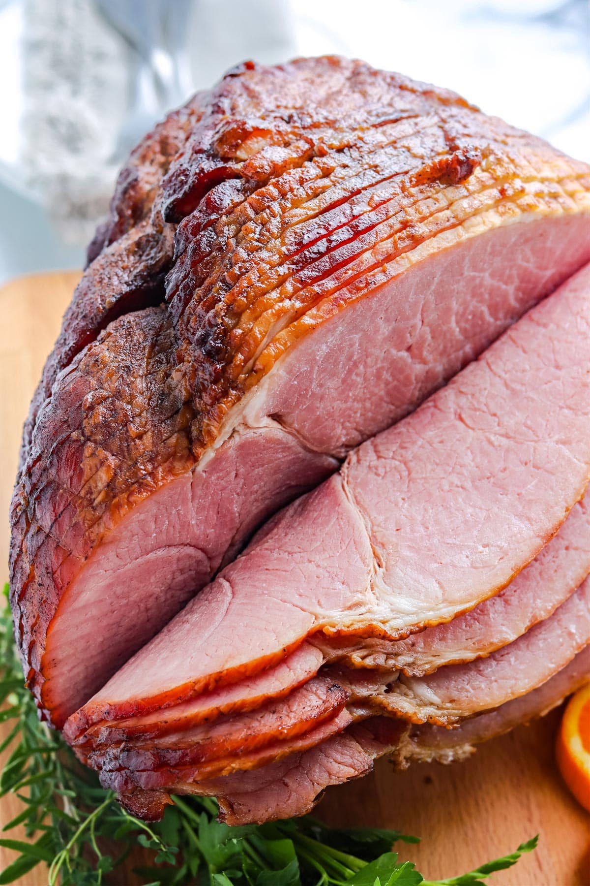 A close up overhead picture of a Smoked Spiral Ham on a platter.