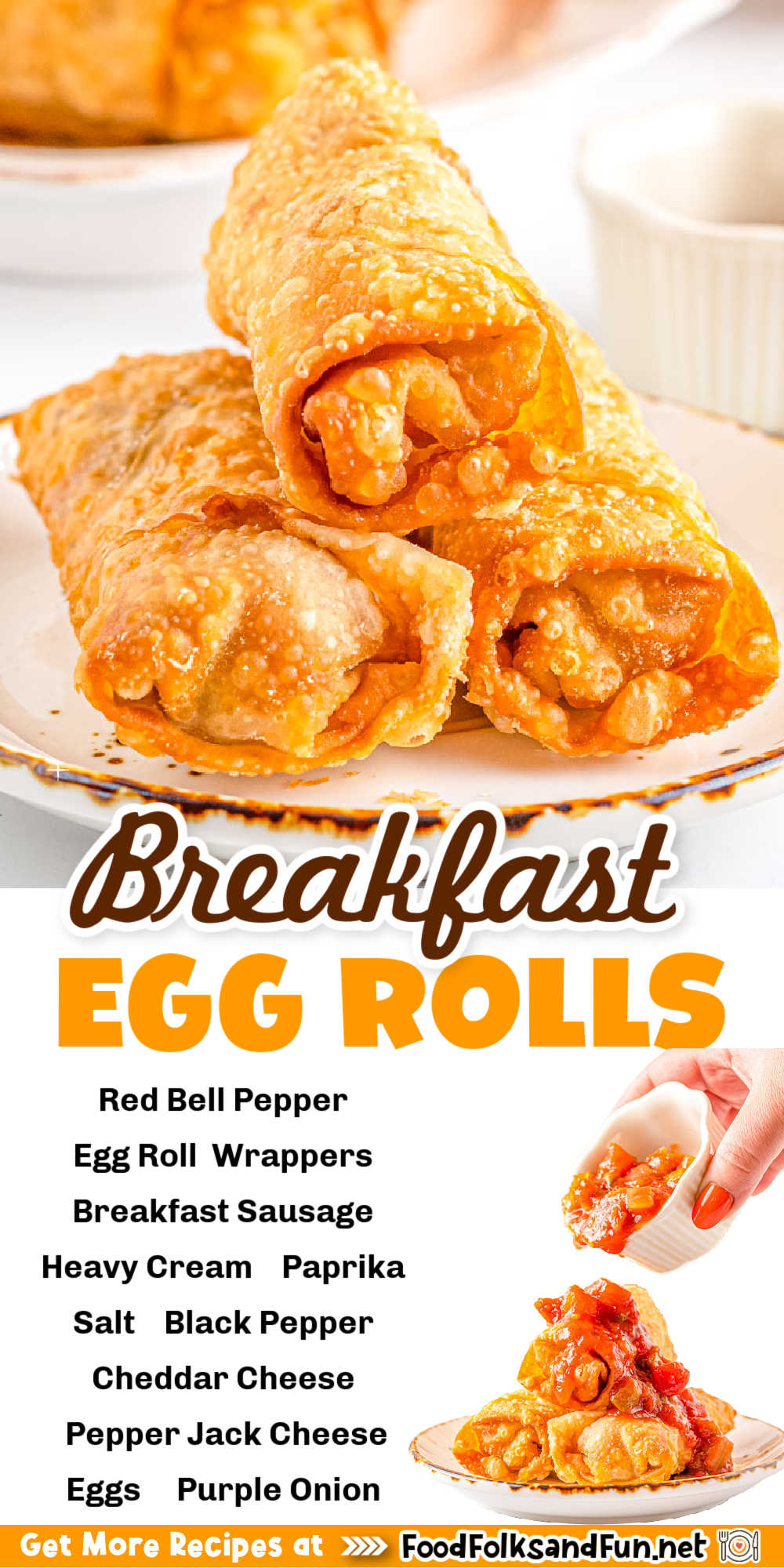 These Breakfast Egg Rolls are stuffed with sausage, seasoned eggs, cheese, bell pepper, and onion, and fried to crispy perfection.  via @foodfolksandfun