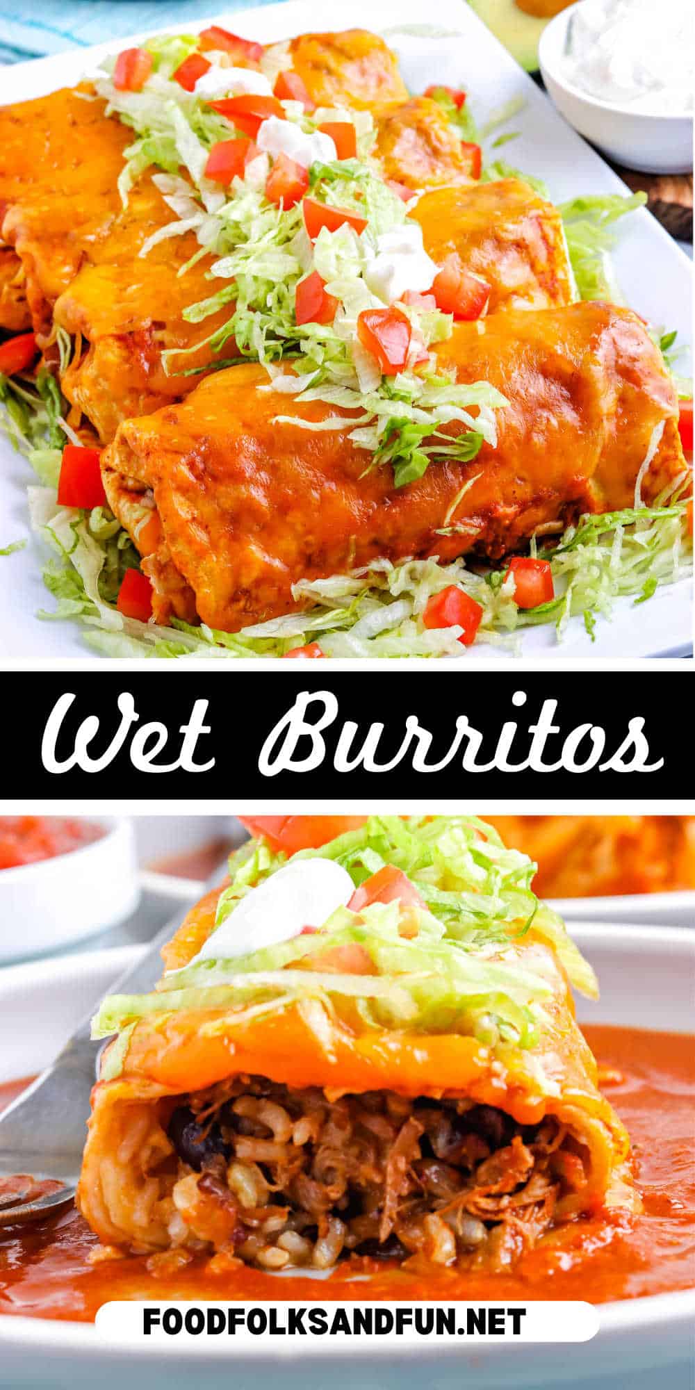 Wet Burritos are baked to golden brown perfection and then smothered in enchilada sauce and a healthy dose of shredded cheese. They're exactly how every burrito should be served! via @foodfolksandfun