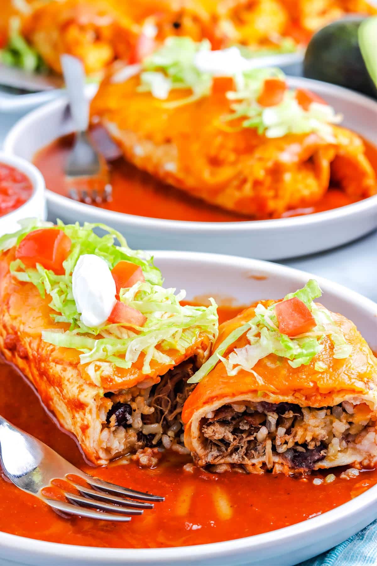 A Wet Burrito cut open so you can see the interior of the burrito.