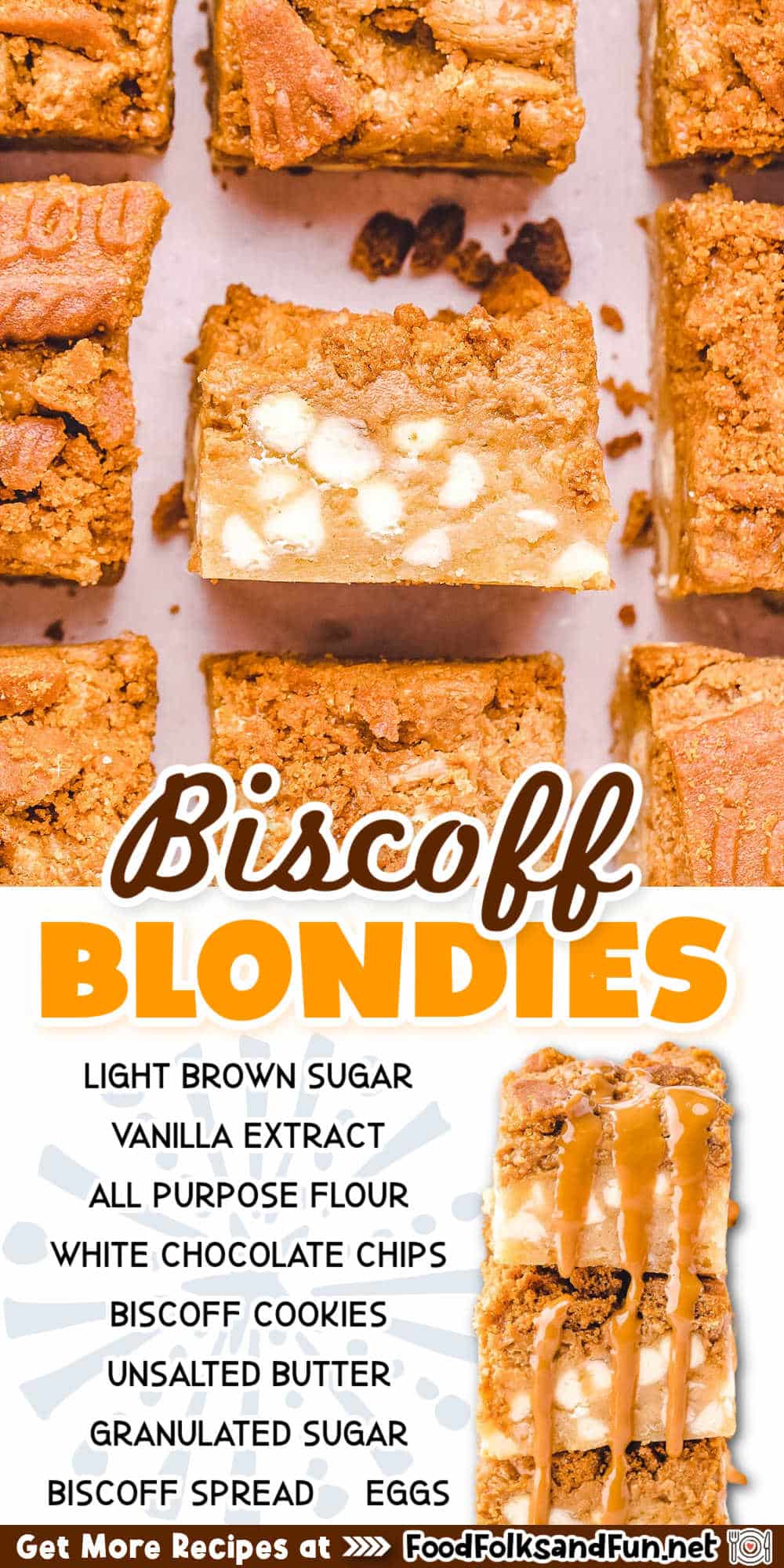 Treat yourself to these divine Biscoff Blondies! Gooey blondie batter, white chocolate chips, and crumbled Biscoff cookies topped with warm Biscoff spread. via @foodfolksandfun