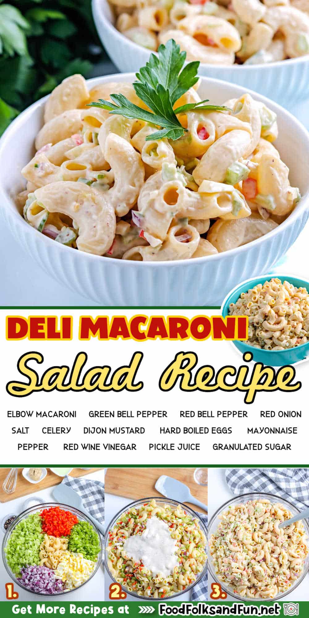 Packed with flavor and texture, this creamy and tangy Deli Style Macaroni Salad features tender macaroni, crisp veggies, and zesty dressing.  via @foodfolksandfun