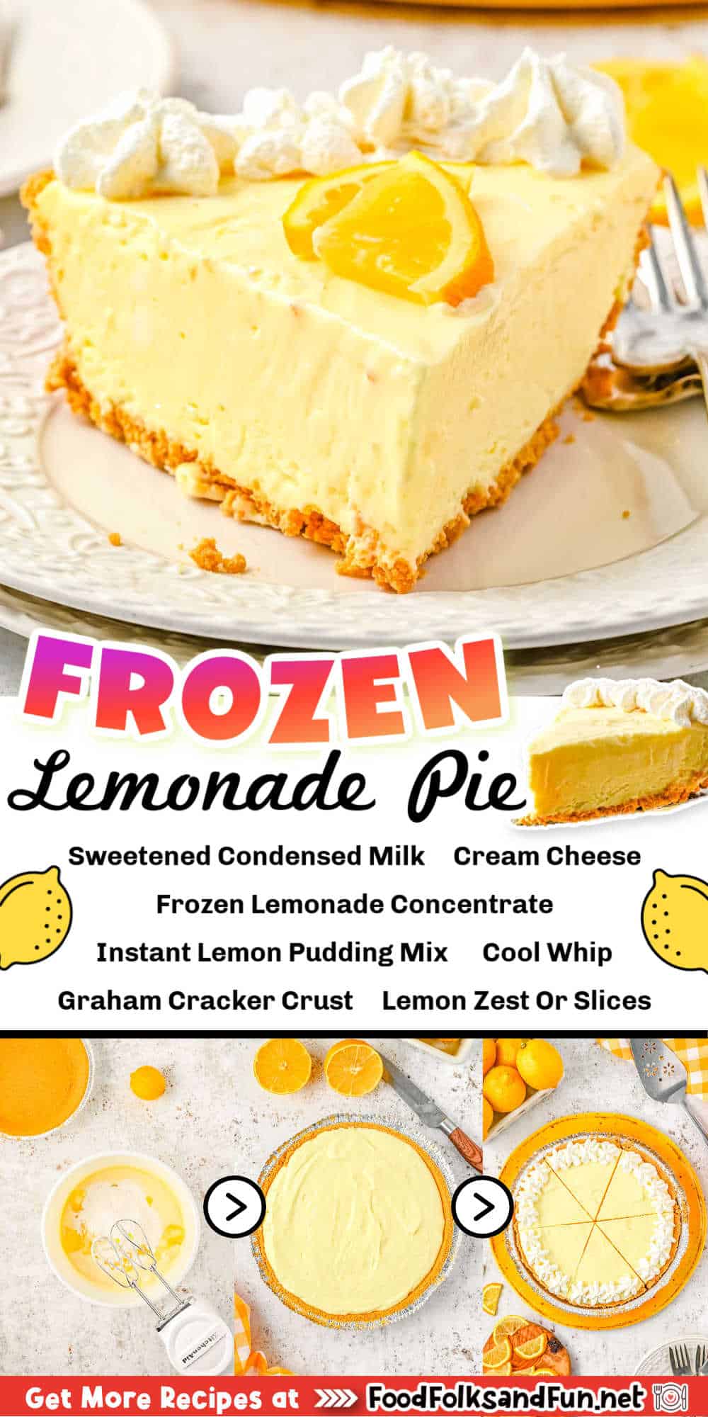 Indulge in a sweet, tangy, and creamy Frozen Lemonade Pie that’s quick and easy to make! Treat yourself to a delicious summer dessert. via @foodfolksandfun