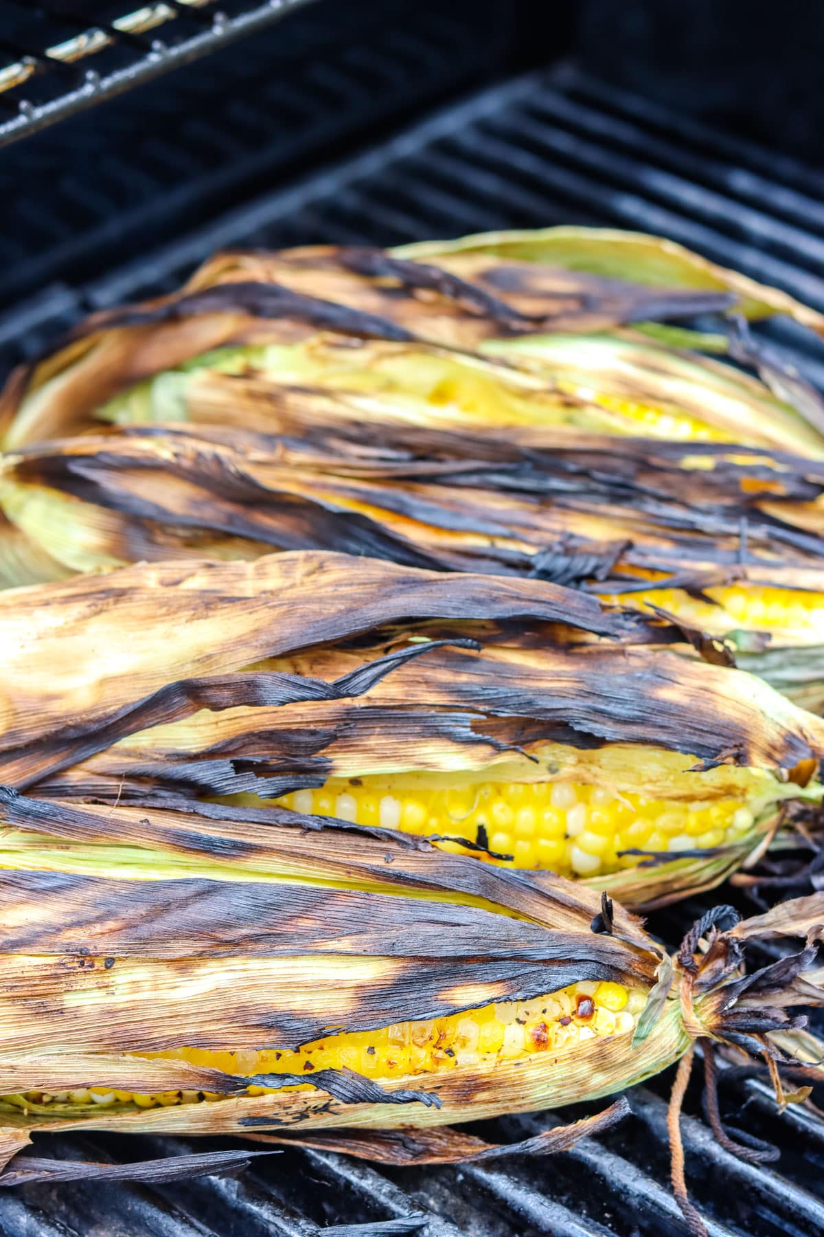 The finished Grilled Corn In Husk on a grill.