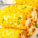 A close up picture of the finished air fryer corn on the cob.