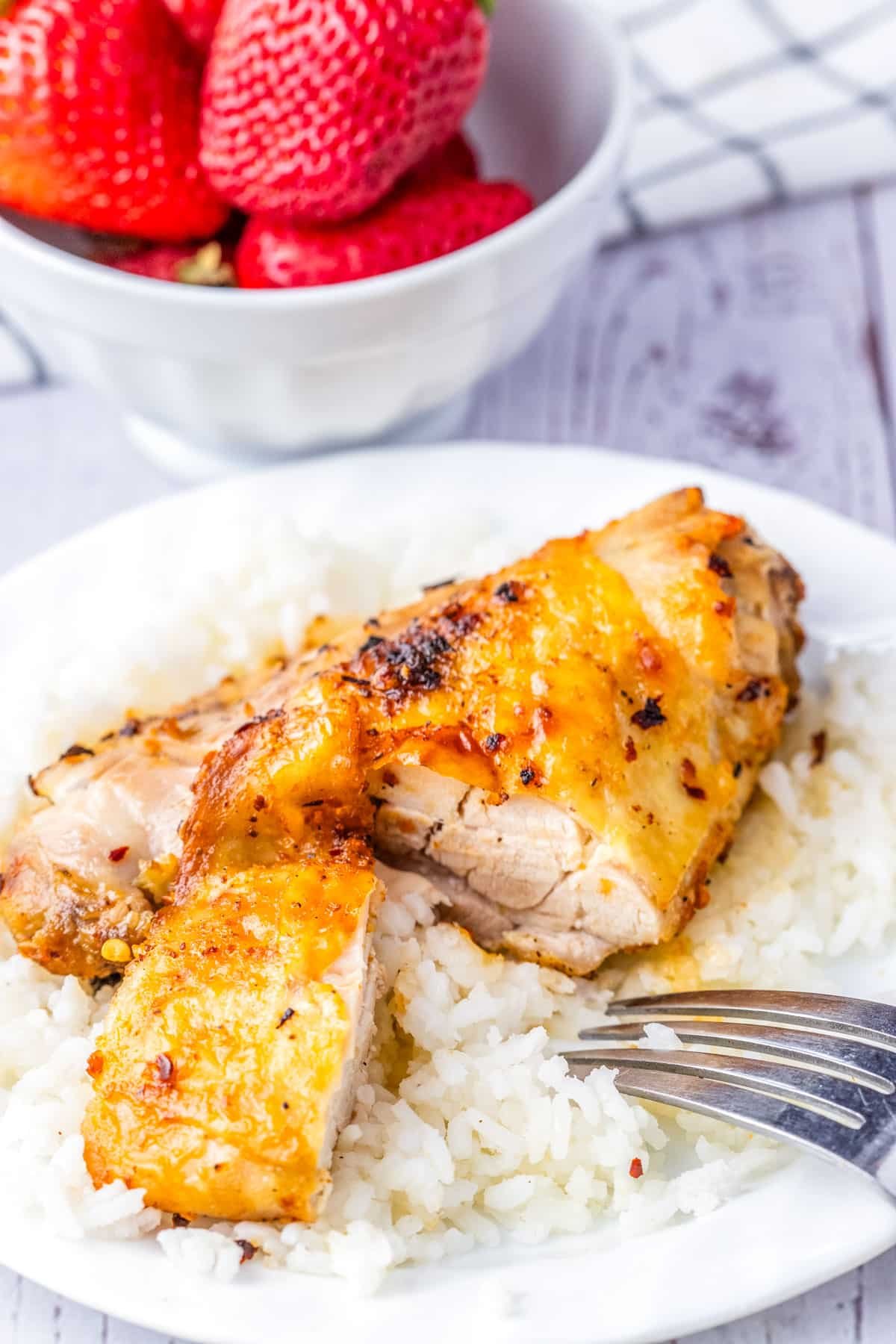 An Air Fryer Chicken Thighs cut into so you can see what the inside looks like.