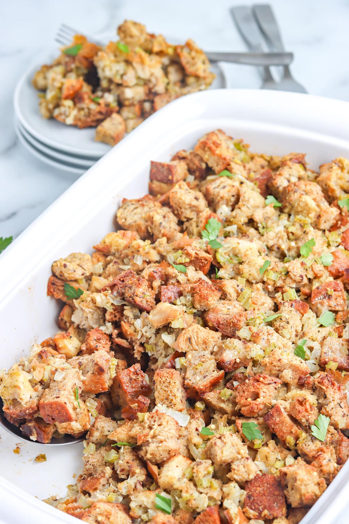 A close up of the finished homemade bread stuffing.