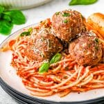 Italian Meatballs on top of spaghetti.