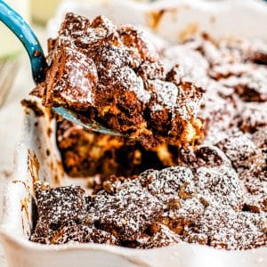 A close up of the finished Chocolate Bread Pudding recipe in a casserole dish.