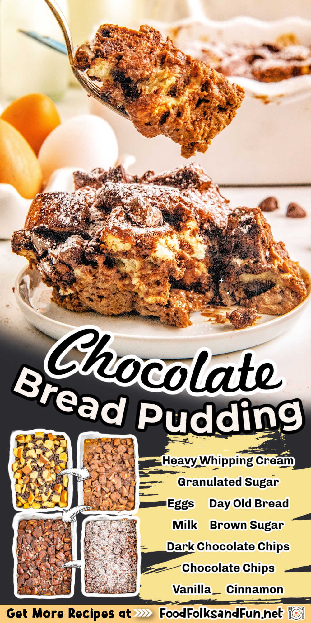 Indulge in the irresistible flavors of Chocolate Bread Pudding, a delectable dessert where succulent chunks of bread nestle within a velvety chocolate custard.  via @foodfolksandfun