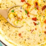A serving spoon getting chowder from a soup pot.