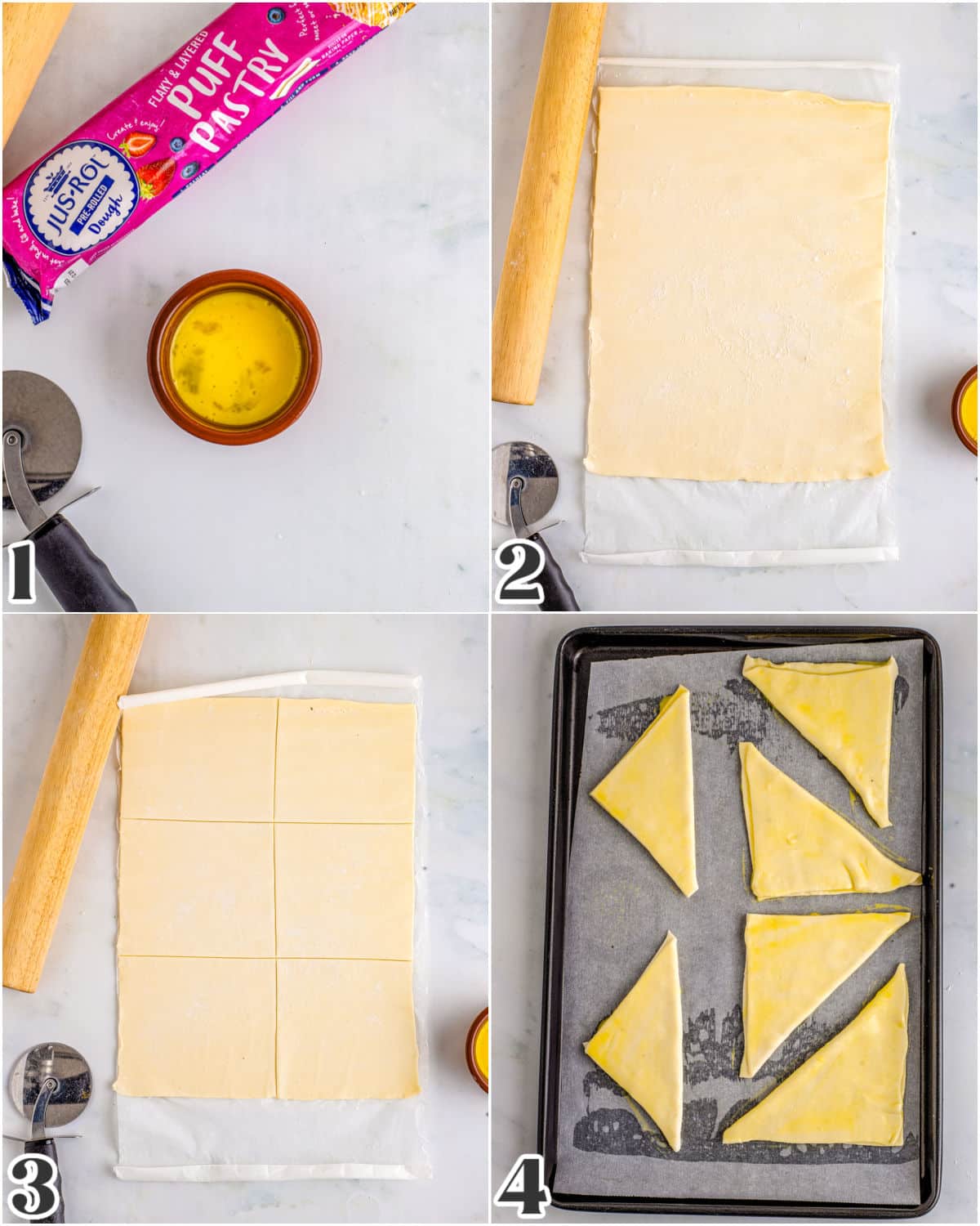 A picture collage showing how to make croissant from puff pastry.