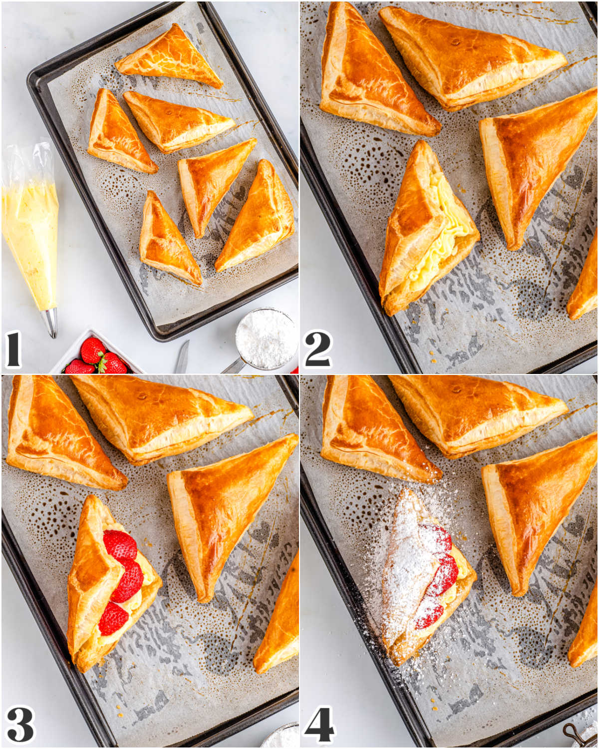 A picture collage showing how to make strawberry croissant.