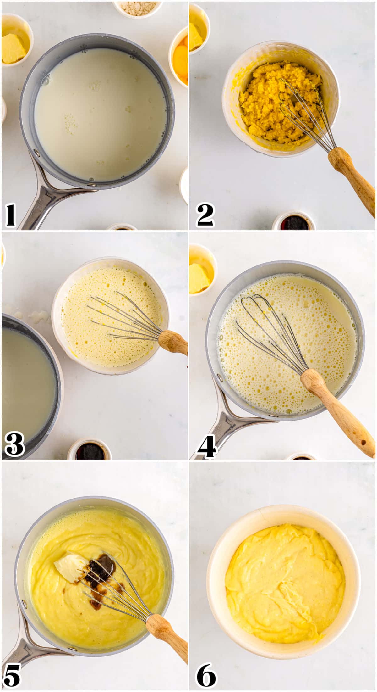 A picture collage showing how to make vanilla custard.