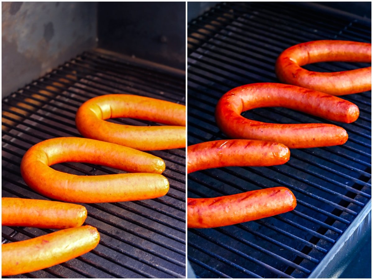 A picture collage showing how to smoke kielbasa, it shows what it looks like before and after smoking.