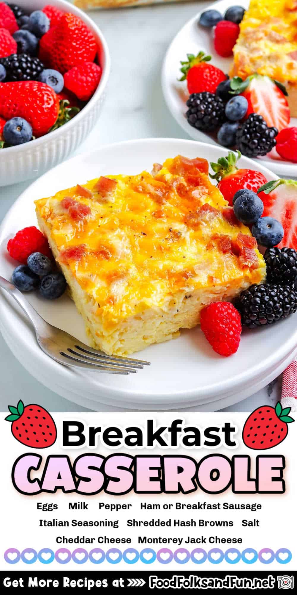 This easy and delicious breakfast casserole bursts with gooey cheese, savory ham, and fluffy eggs. It's the perfect make-ahead meal for busy mornings, feeding a crowd, or simply indulging in a warm, comforting breakfast. via @foodfolksandfun