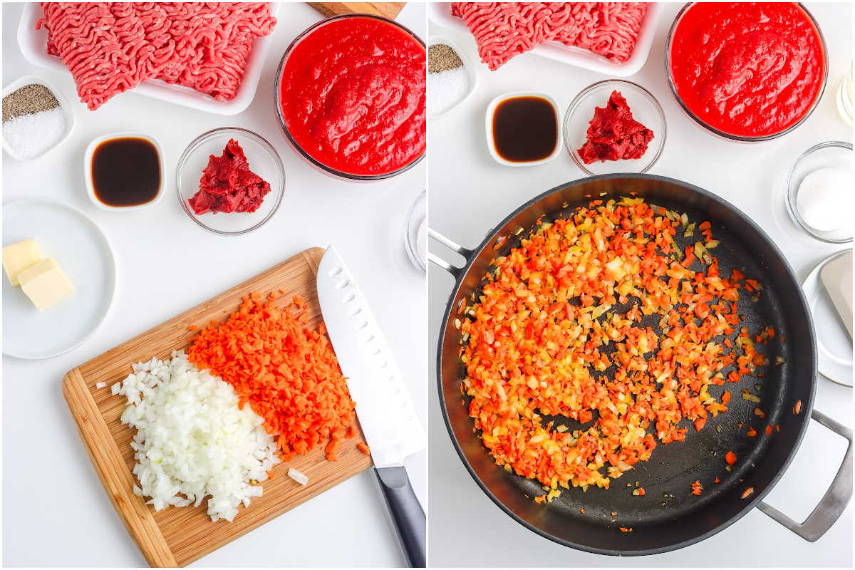 The ingredients chopped and prepared and then the veggies cooked in a pan. 
