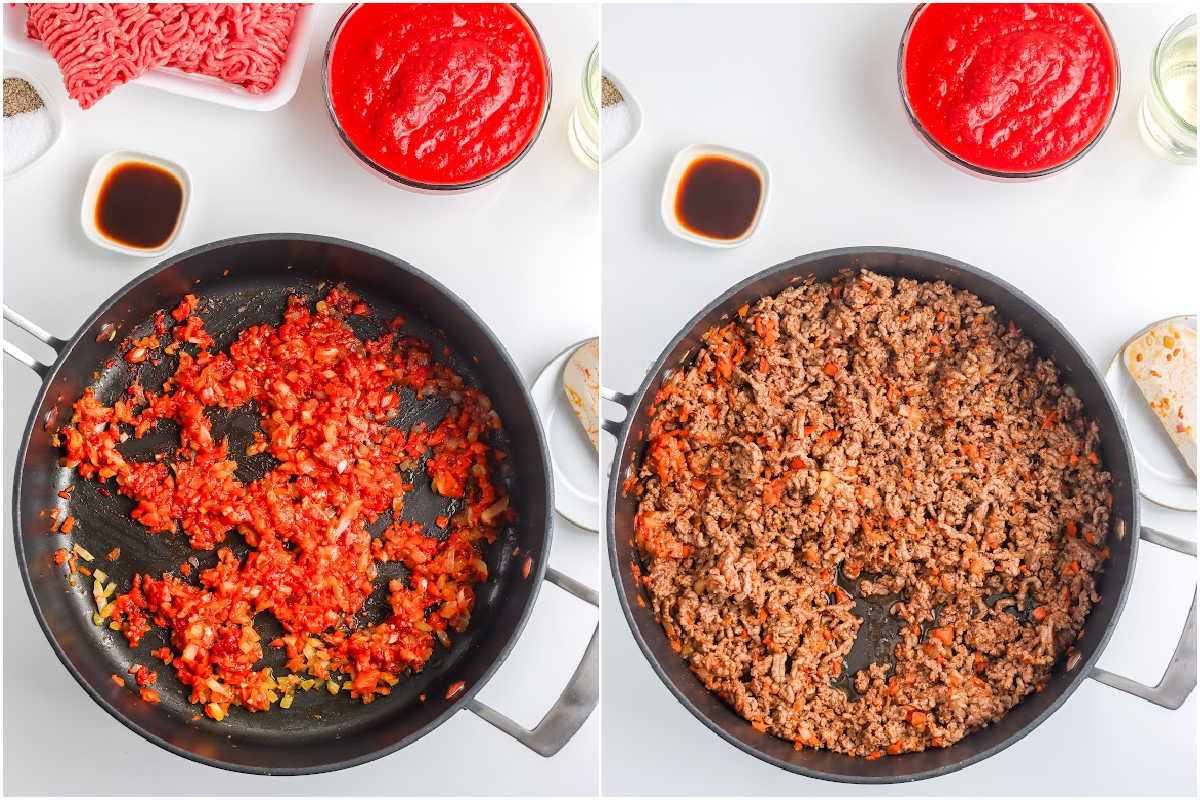 The tomato paste and ground beef added and cooked.