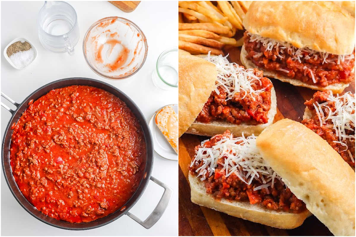 The finished Italian sloppy Joe mixture in a pan and then on rolls. 