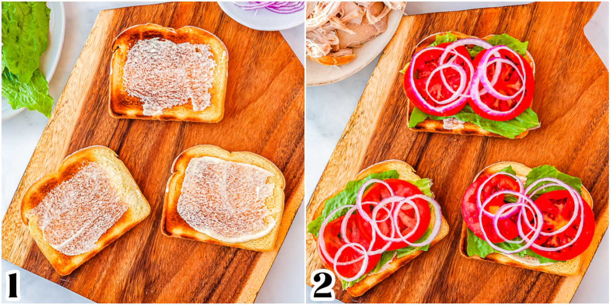 The bread with spread on it and lettuce, red onion, and tomato.